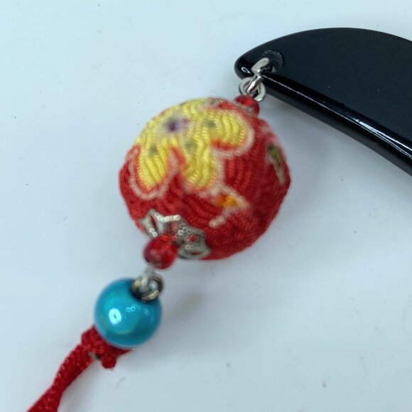 Rare Japanese Lacque black wooden Chirima ball crystal blue bead hairpin GS515 main image 6